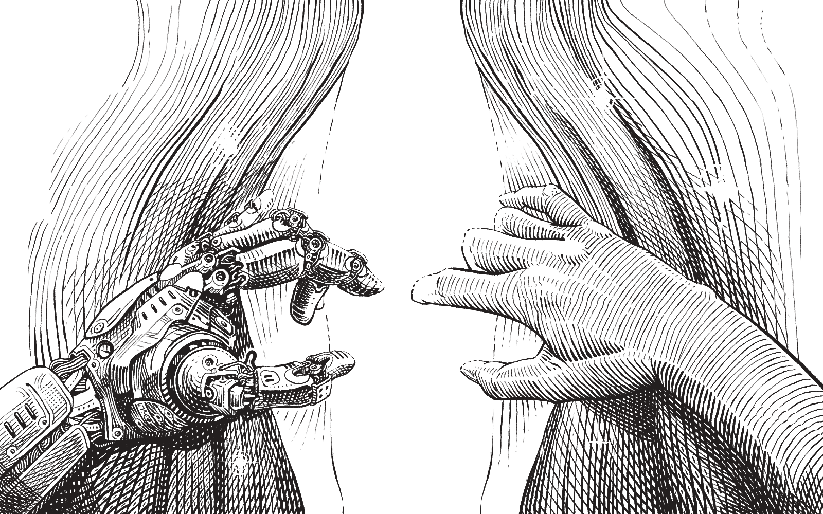 A human hand and a mechanical hand drawing curtains apart