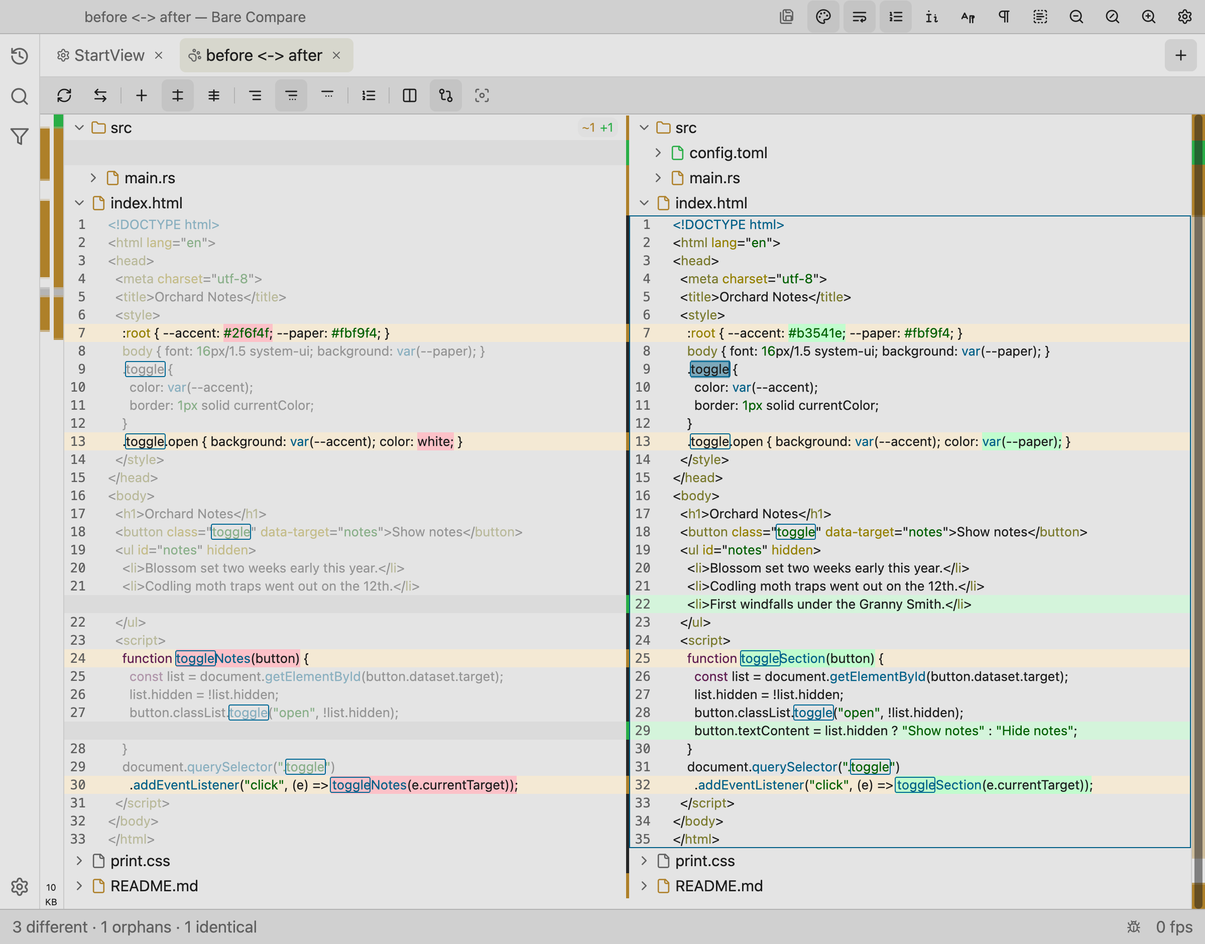 Bare Compare comparing two folders, with index.html expanded side by side: CSS and JavaScript highlighted inside the HTML, changed lines marked, and every occurrence of a selected word outlined